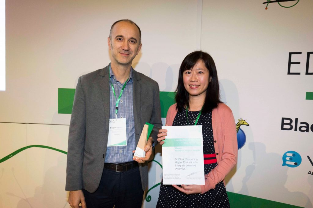 An award photo of Dragan Gasevic and myself receiving 2019 ALT Learning Technology Research Project Award